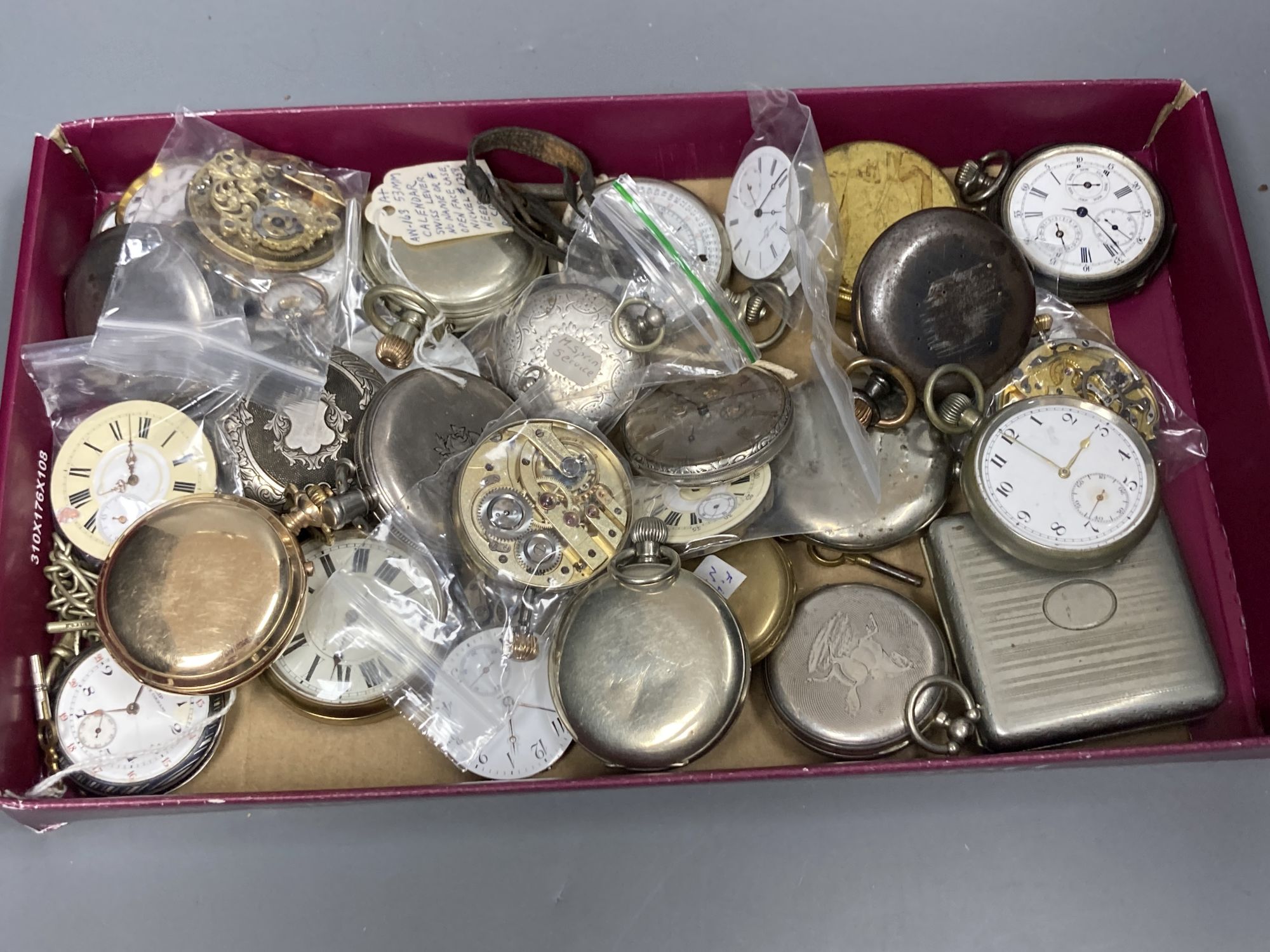 A group of assorted bass metal pocket and fob watches and a small quantity of movements.